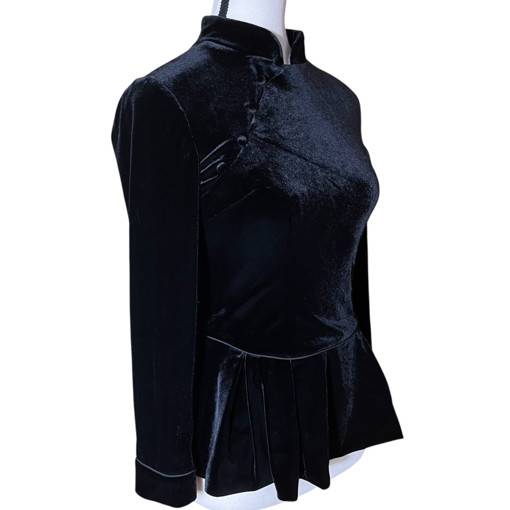 S Black Velvet Mandarin Collar Peplum Top Asian Inspired Back Zip - Picture 3 of 12